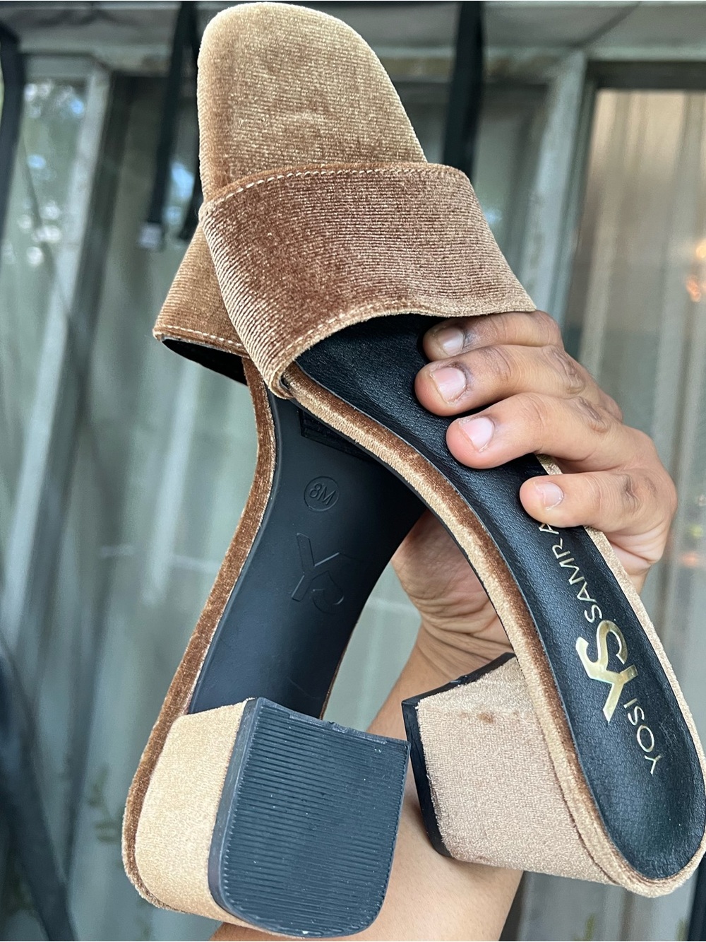 Yosi Samra Brown Velvet Slide Mules